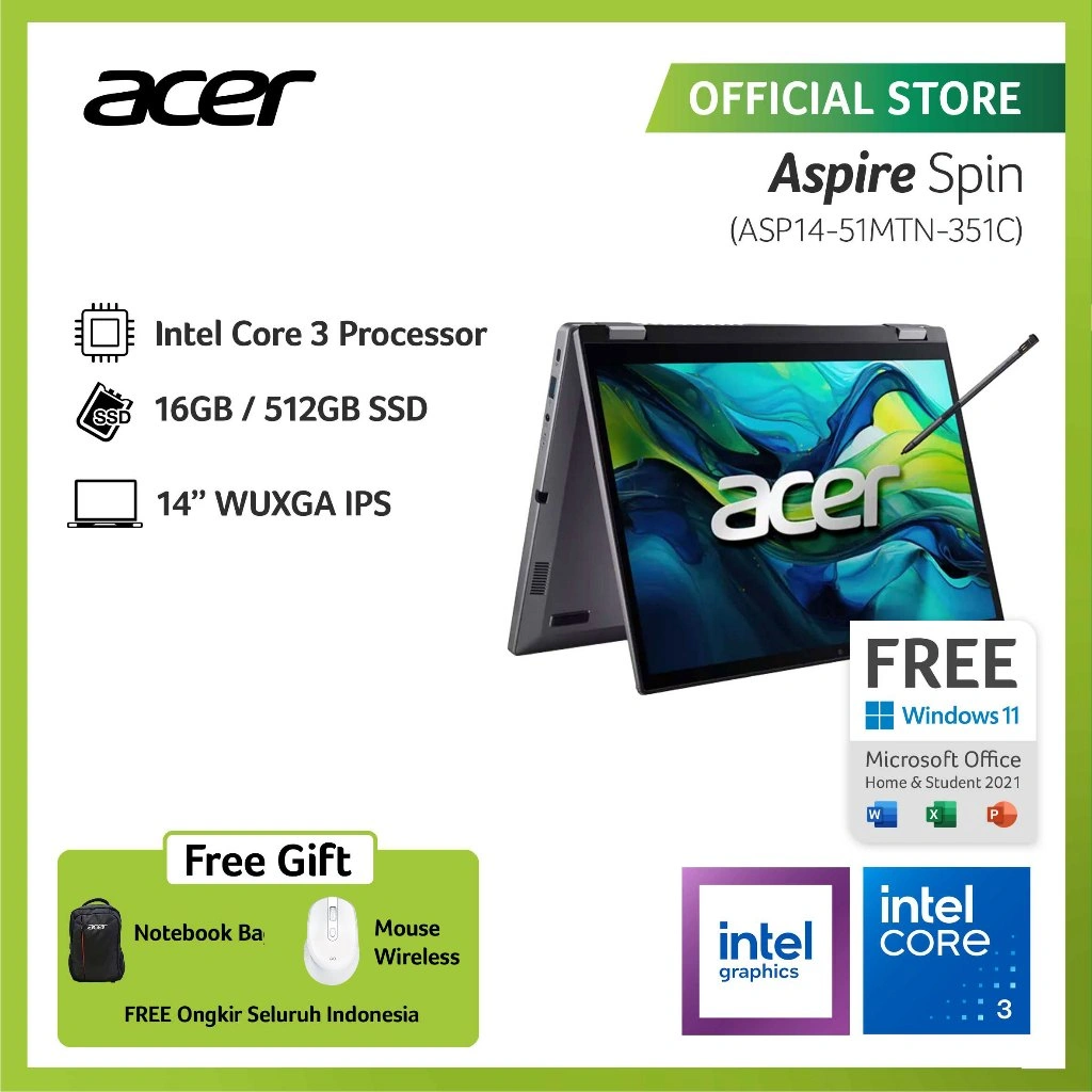 (FREE MOUSE & STYLUS PEN)  ACER LAPTOP 2 IN 1 ASPIRE SPIN 14 ASP14-51MTN-351C 14" WUXGA INTEL CORE 3 100U RAM 16GB STORAGE 512GB SSD GRAPHICS INTEL 64 EU WINDOWS 11