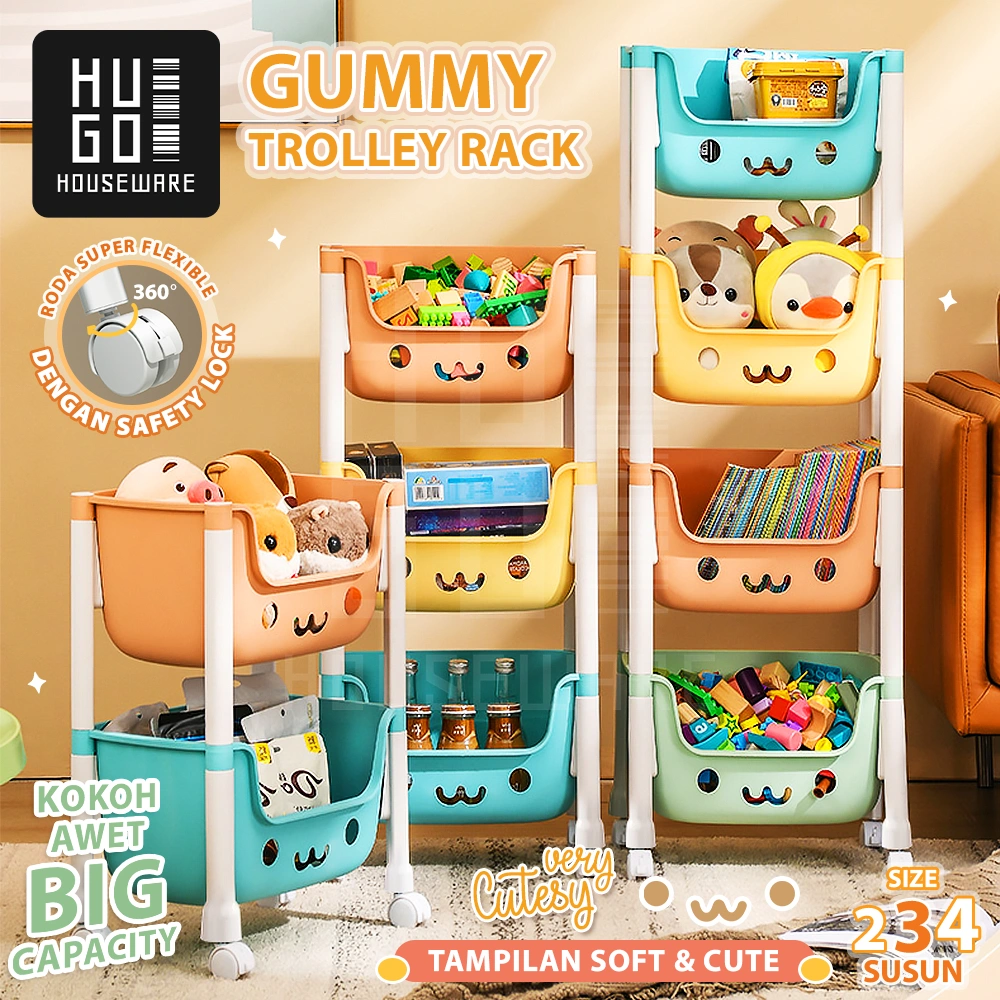 HUGO Rak Troli Susun Macaron Rak Dapur Serbaguna Rak Mainan Anak Pastel Rak Penyimpanan Buku Serbaguna dengan Roda