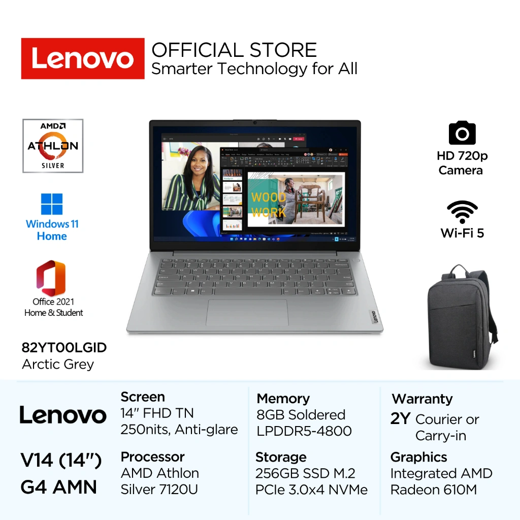 Lenovo V14 Gen 4 AMN LGID AMD Athlon Silver 7120U Win11 Home 8GB 256GB SSD 14" FHD TN 250nits 45% NTSC Antiglare Integrated AMD Radeon 610M HD 720p Camera WiFi5 OHS Laptop Bisnis 14inch 82YT00LGID Arctic Grey Windows Office Garansi Resmi 2 Tahun