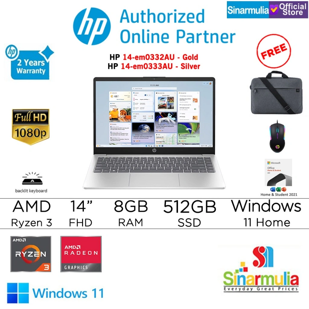 HP 14 Ryzen 3 7320U 512GB SSD 8GB FHD Win11+OHS - em0332AU/em0333AU
