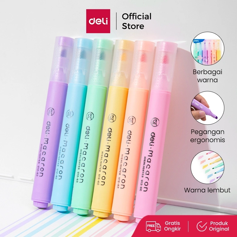 Deli Highlighter Penanda Warna Pastel 1 Set Isi 6 Warna Cerah dan Soft Kemasan Mika Lucu EU12-6C