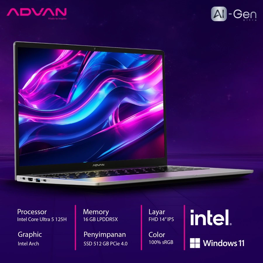 ADVAN AI GEN Intel Ultra 5 125H 14 Core RAM16GB SSD2TB 14'' Ips 100% Srgb Windows 11