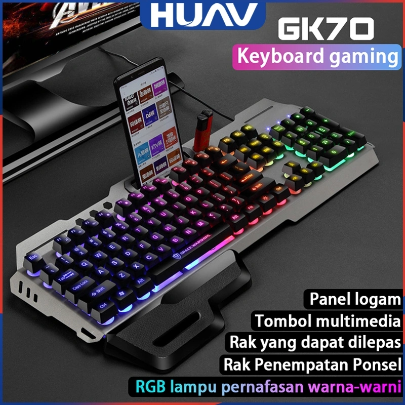 HUAV Keyboard Gaming Keyboard Mekanik GK70 Tahan Air RGB Gaming Keyboard untuk PC Laptop Hp / Esports Gaming Keyboard / 104 Keys / Keyboard BackLight