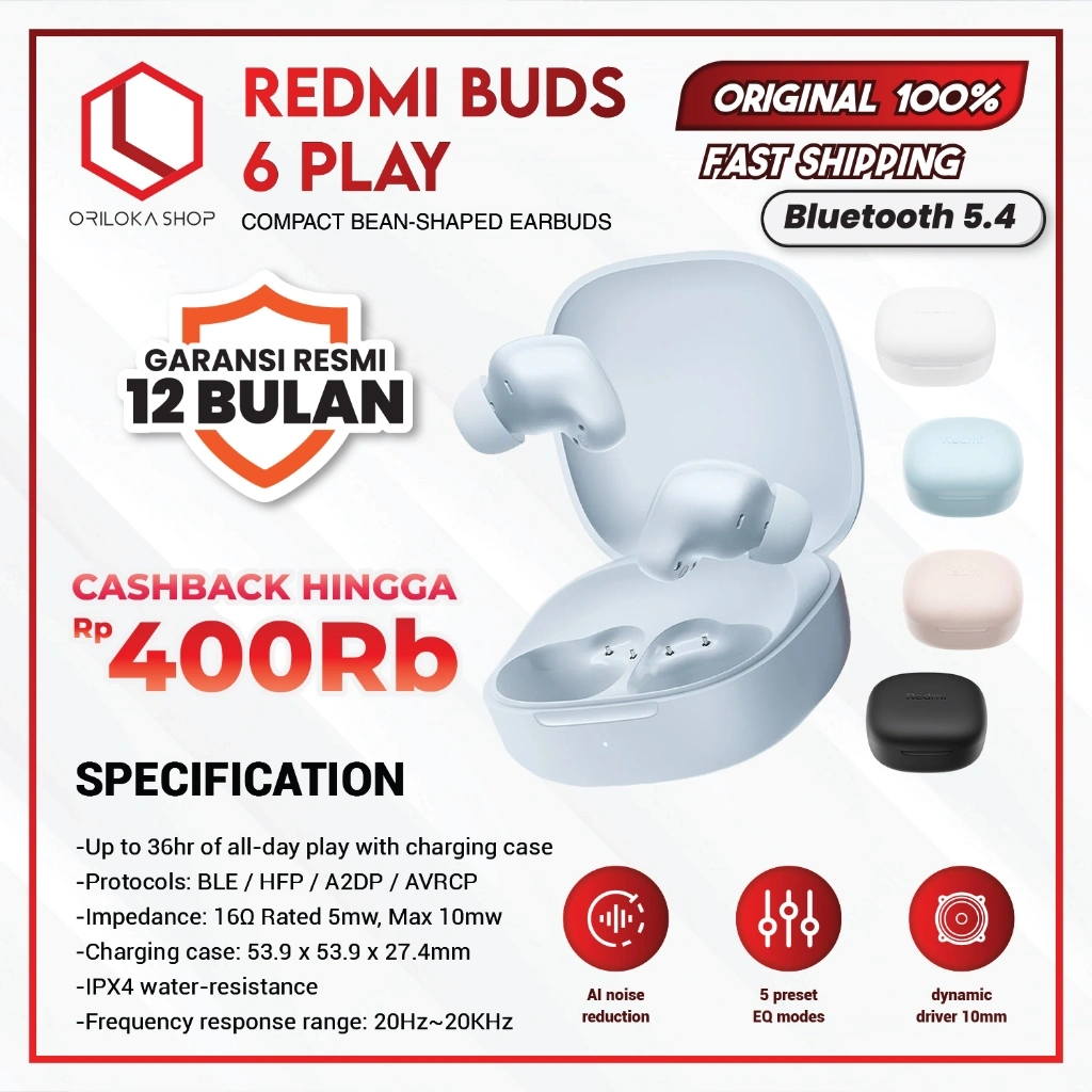 Xiaomi Mi Redmi Buds 6 Play Wireless Bluetooth 5.4 Earphone Earbuds | Baterai Hingga 36 Jam