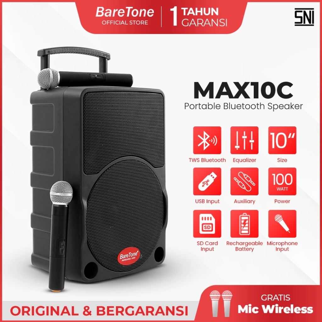 BareTone Speaker Portable MAX10C Speaker Bluetooth 10 Inch Mini Portable Support Micro SD & USB -Garansi Resmi 1 Tahun