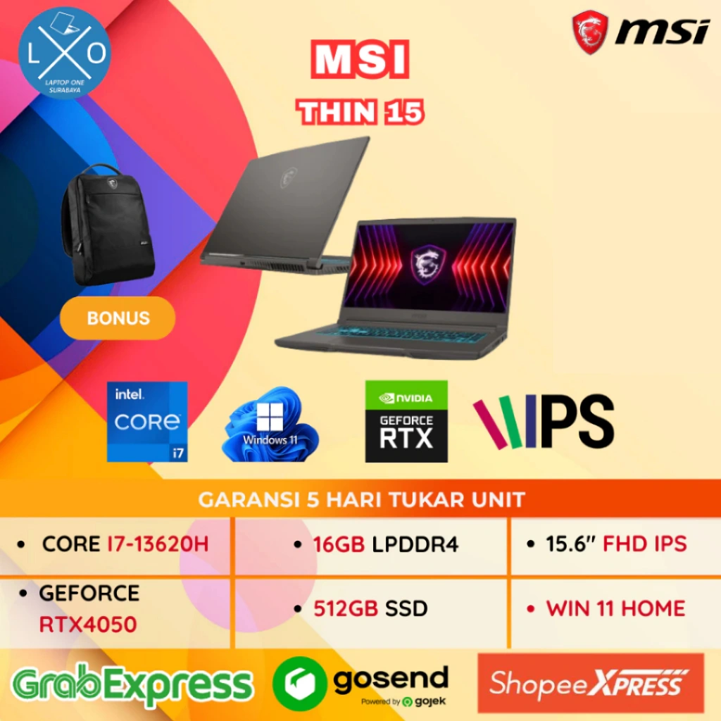 Laptop MSI Thin 15 RTX4050 6GB i7 13620H 32GB 1TB 15.6" Full HD IPS 144Hz Windows 11 Home