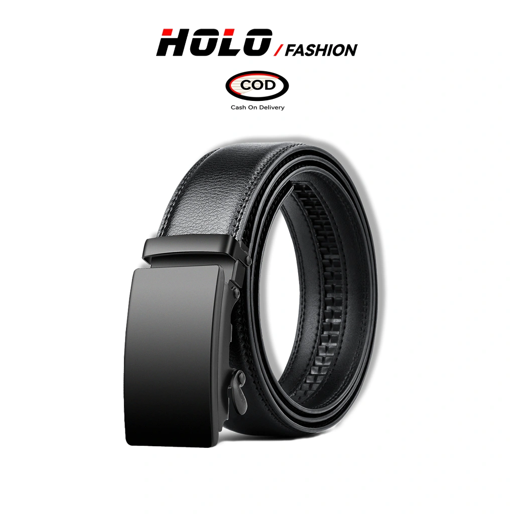 HOLO Ikat Pinggang Pria Kulit PU Sabuk Jeans Otomatis Gesper Pria Belt Vintage Hitam Polos