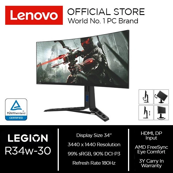 [READY] Lenovo Gaming Monitor R34w-30 Monitor 34" VA 180 Hz 34" Curved 1500R 3-side NearEdgeless, VA 3440 x 1440 QHD / 67C7GACBWW