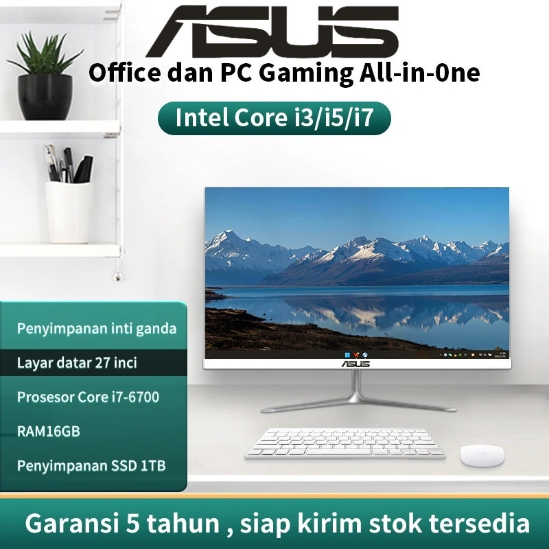 ASUS Komputer All-in-One super tipis dengan layar HD, prosesor Intel Core i3/i5/i7, cocok untuk rumah, belajar, kantor, gaming, dan hiburan - layar lengkung 19/22/24/27 inci. Gratis keyboard, mouse! Kemasan aman, garansi 5 tahun.
