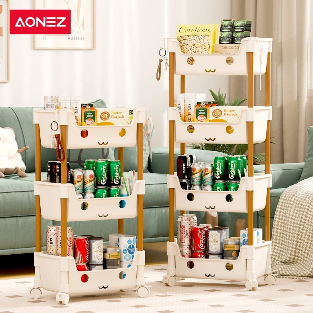 AONEZ Rak Susun Serbaguna Plastik Buku Rak Penyimpanan Makanan Ringan Rak Portable Cantik Roda Rak Mainan Toy Storage Rak Buku Minimalis Rak Buku Anak