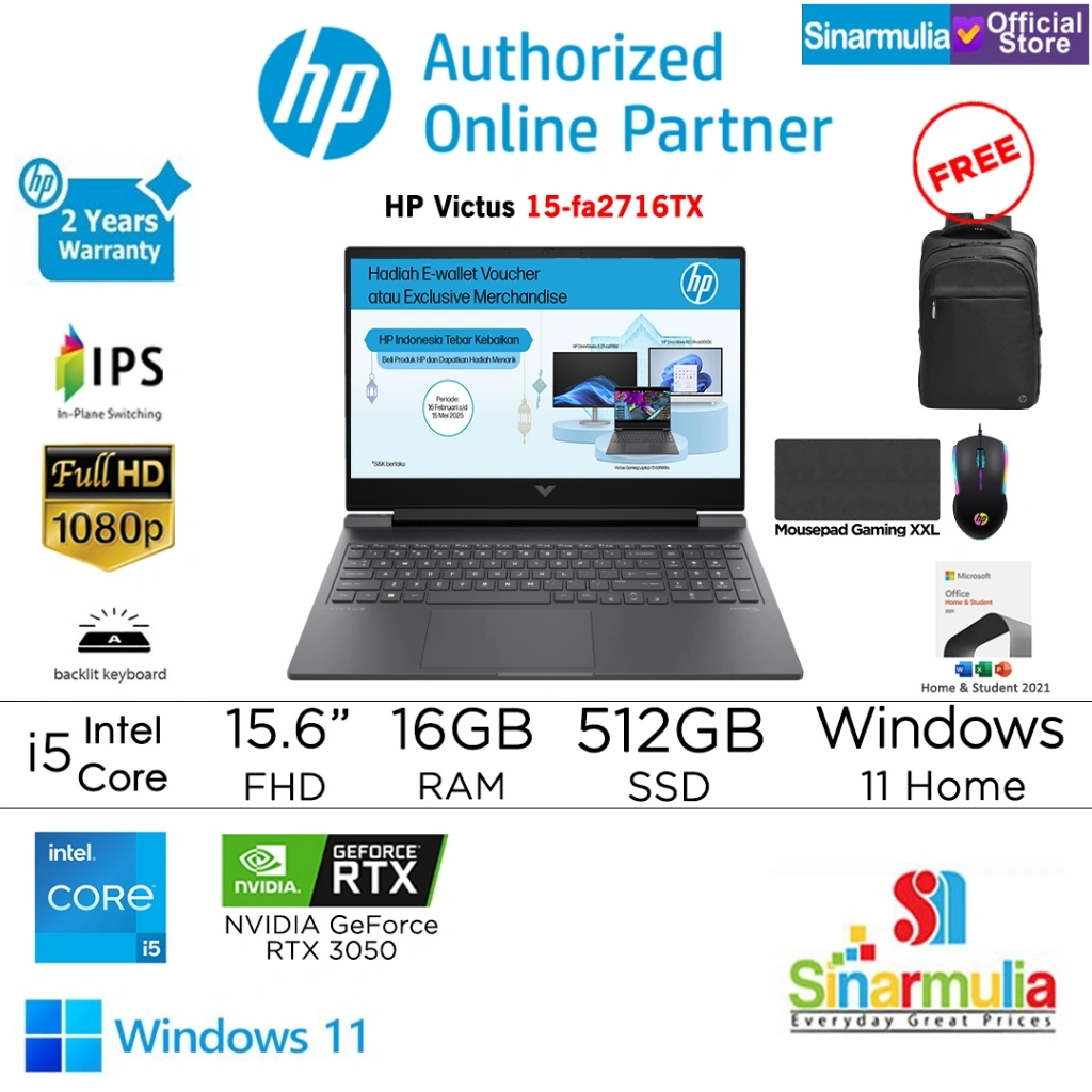 HP Victus Gaming 15-fa2716TX i5-13420H RTX3050 512GB SSD 16GB IPS 144Hz Win11+OHS