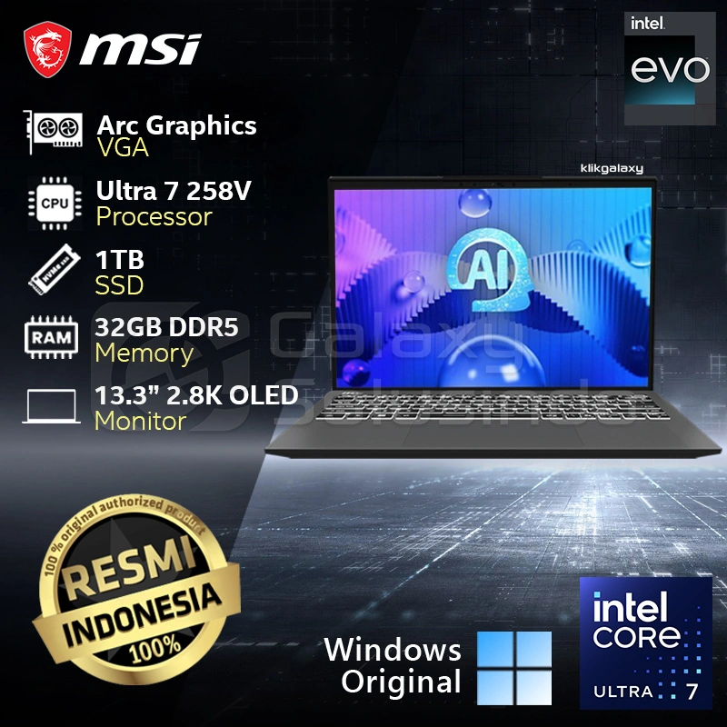 MSI Prestige 13 AI+ Evo A2VMG-035ID - Intel Ultra 7 258V 1TB SSD 32GB RAM Arc Graphics - Stellar Gray Notebook Laptop