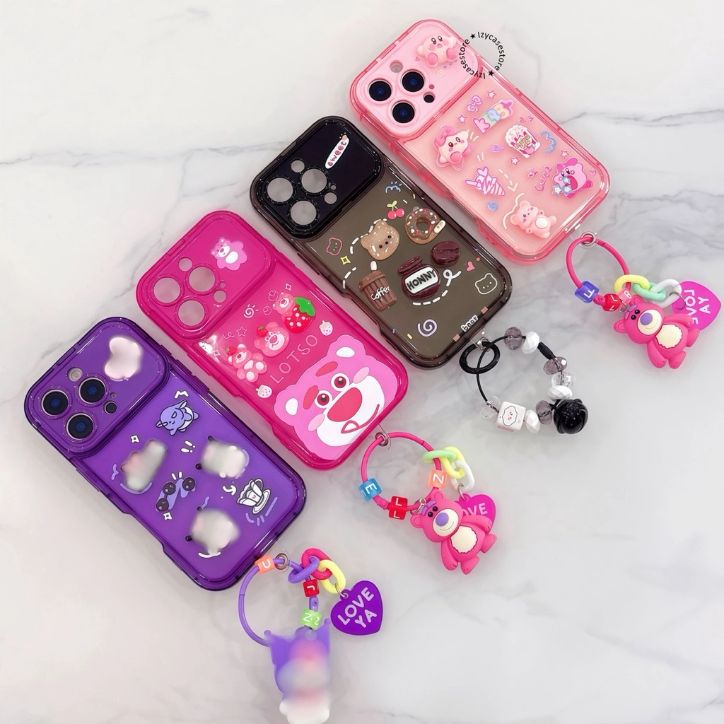 RCI192 Premium Case BEAR Strawberry - Coffee OVAL FLIP MIRROR SHOCKPROOF CASE WITH CUTIE CHARM CASING SOFTCASE COMPATIBLE FOR IPHONE 7 8 7+ 8+ X XS XR 11 12 PRO PROMAX CASING FULL COVER PELINDUNG HANDPHONE