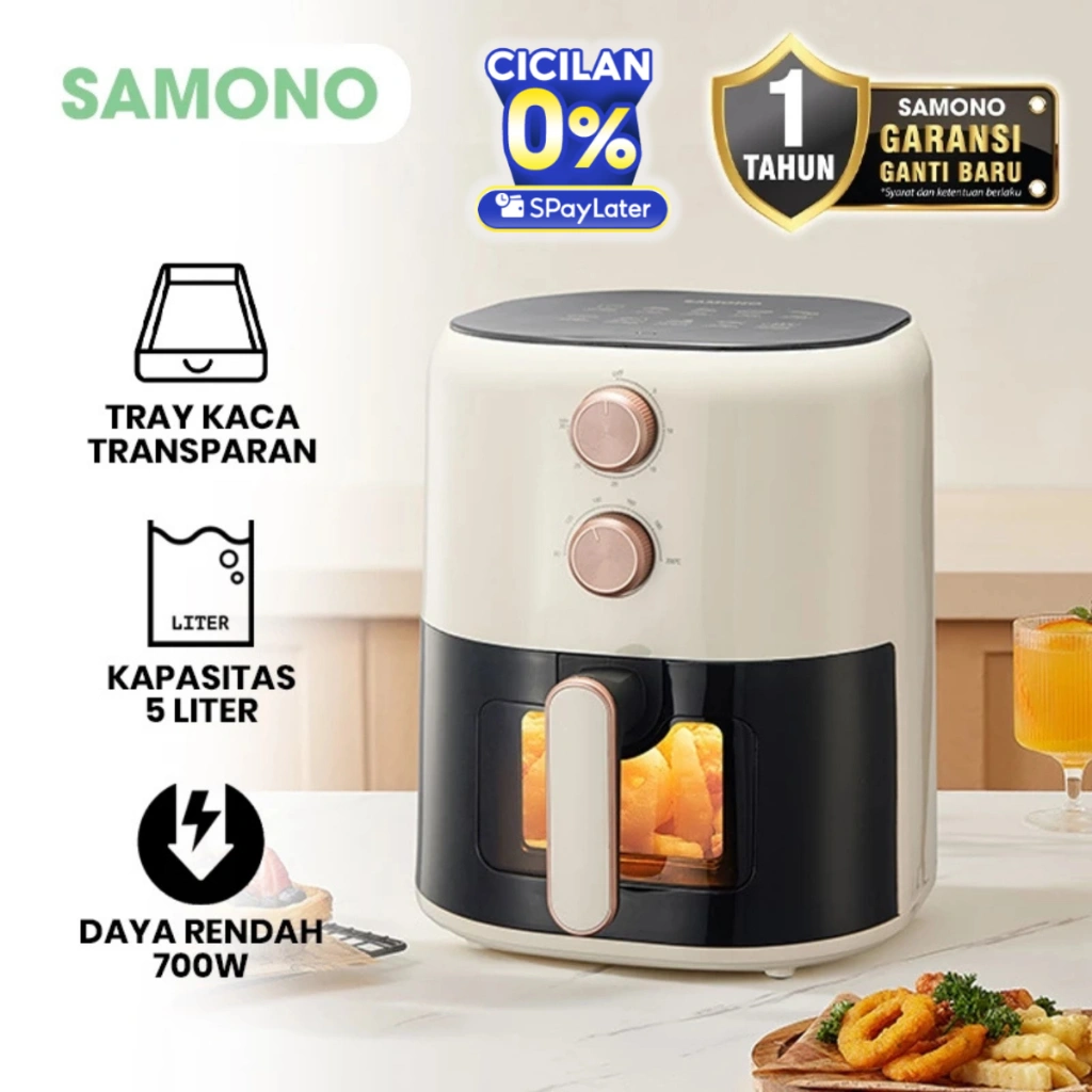SAMONO Aesthetic Transparan Air Fryer 5L 700W Low Watt SNI Hemat Listrik Mesin Penggoreng Tanpa Minyak SW-AFW50