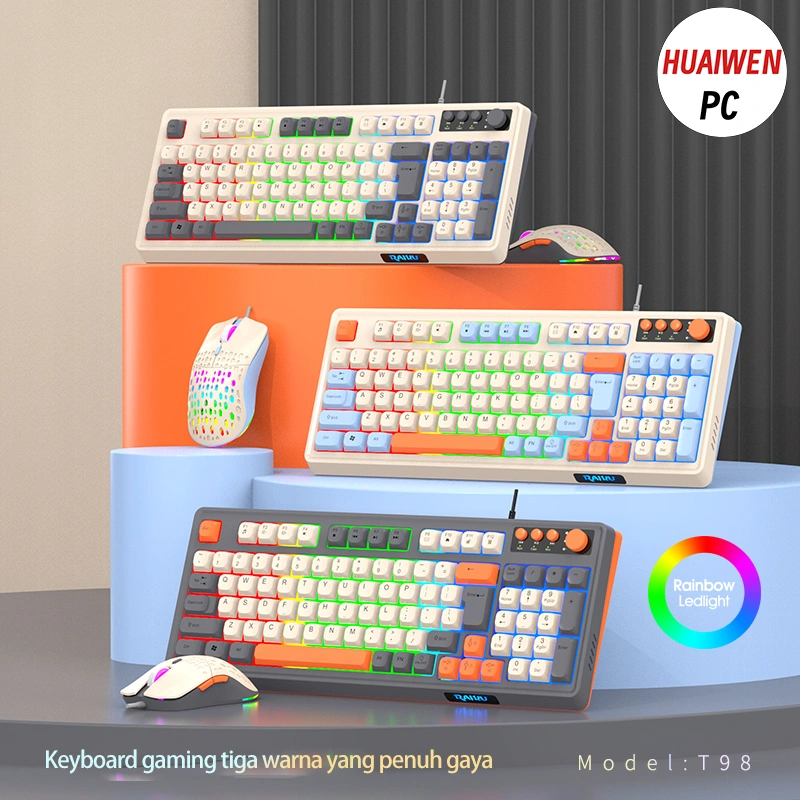 HW Set Keyboard Gaming K98 Gaming E-sports Jerman dengan Kabel, Switch Coklat, Senyap, Sensasi Mekanis, dan Nirkabel.