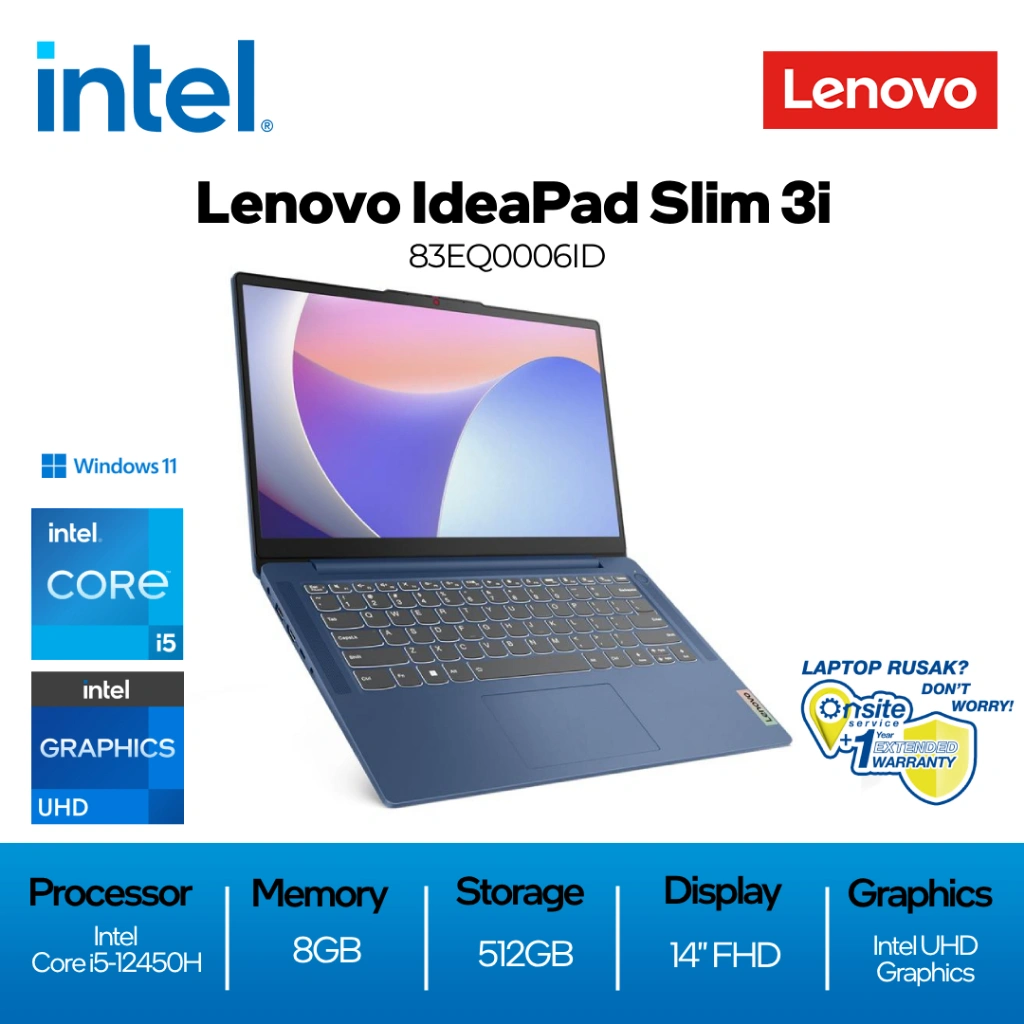 [FREE SMARTWATCH] Lenovo IdeaPad Slim 3i 83EQ0006ID [Intel Core i5-12450H / 8GB / 512GB SSD / Intel UHD Graphics Windows 11 Home OHS 14" FHD IPS 2Y] Abyss Blue