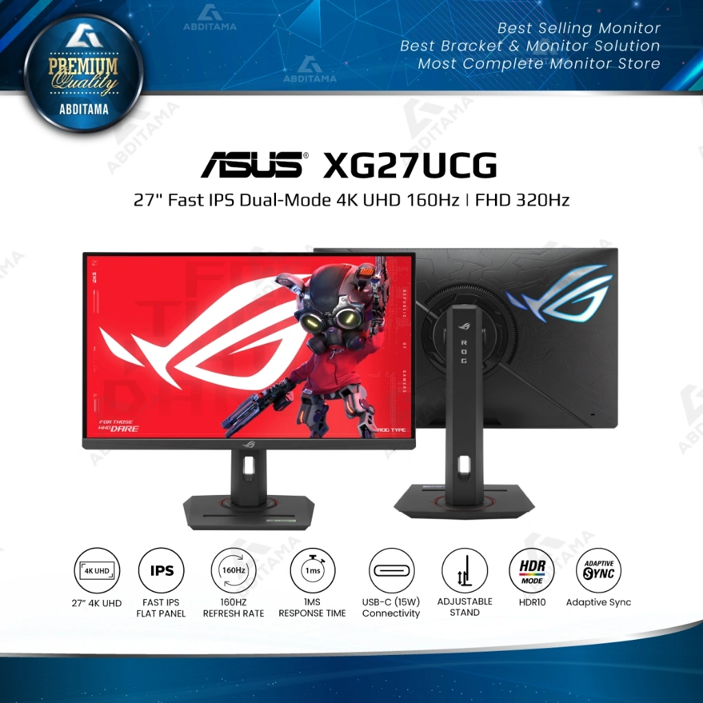 Monitor LED ASUS ROG Strix XG27UCG 27" Fast IPS Dual-Mode 4K UHD 160Hz | FHD 320Hz HDMI 2.1x1 DP 1.4x1 USb-C 15w 1ms 95% DCI-P3 Color Gamut Extreme Low Motion Blur Sync USB Type-C G-Sync Compatible (Processing) DisplayWidget Center HDR Aura Sync