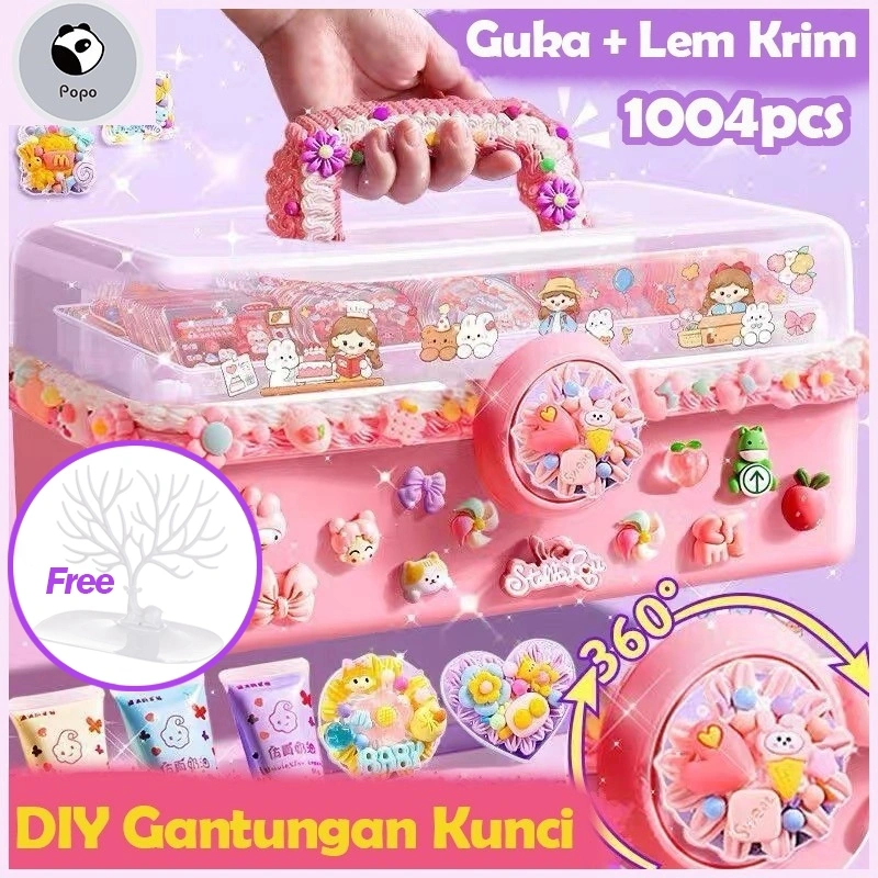 POPO 1004pcs DIY Gantungan Kunci Set Guka Set Stiker Luca Kotak DIY Keychain Deco Cream Gum Mainan Anak Perempuan Hadiah Ulang Tahun