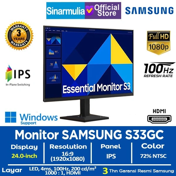 SAMSUNG Monitor LED 24" Essential S3 S24D300 IPS FHD 100Hz