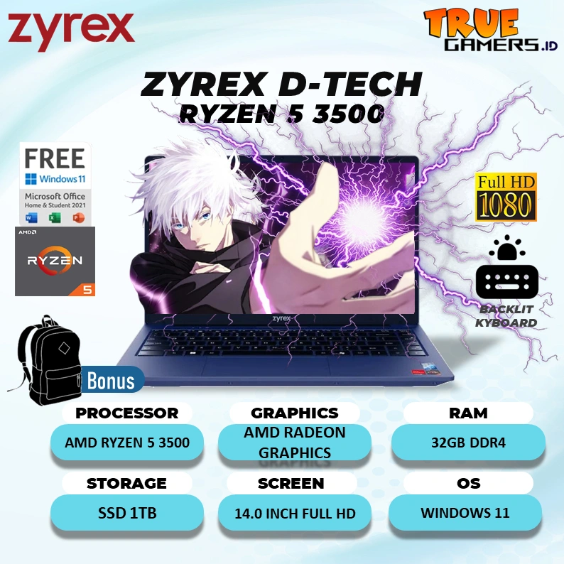 Laptop Zyrex D-Tech AMD Ryzen 5 RAM 16GB 1TB SSD Windows 11+Office Home 14 .0Inch Full HD