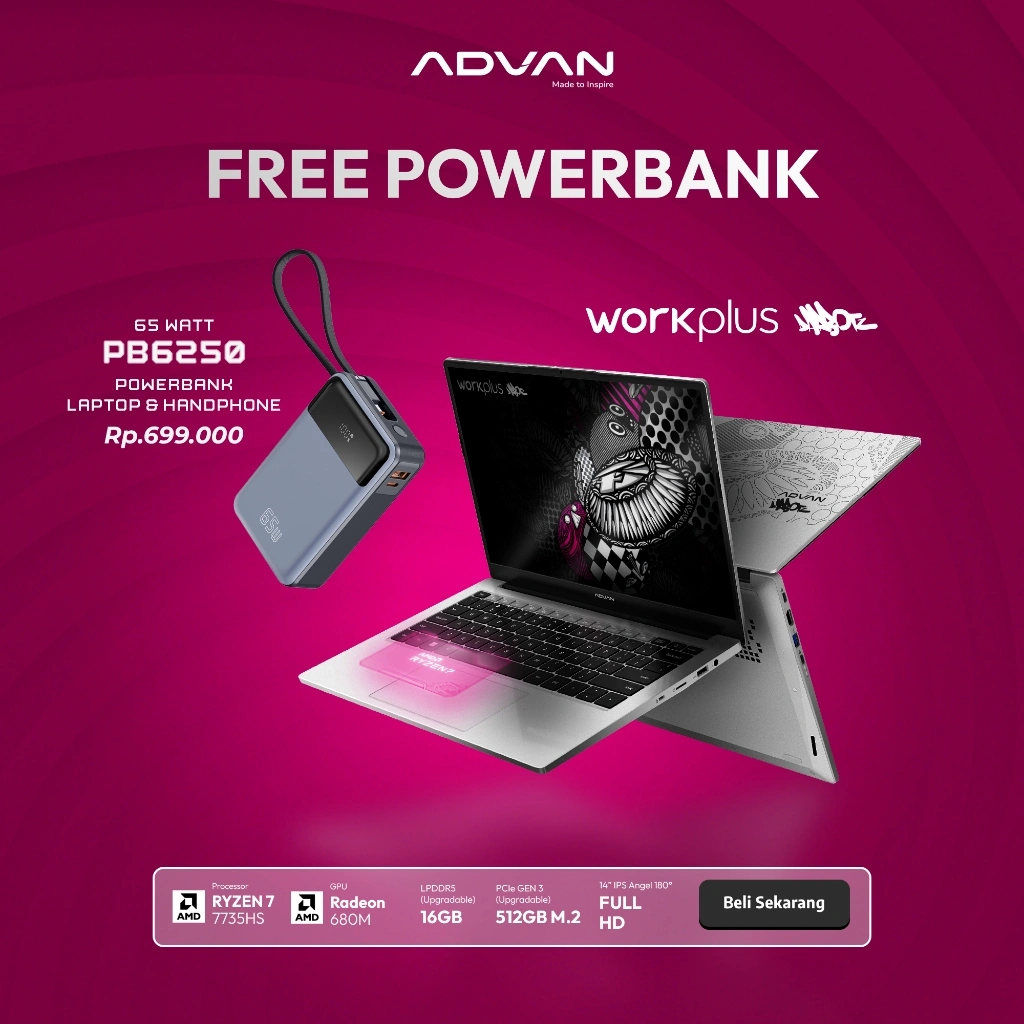 [FREE POWERBANK LAPTOP] ADVAN X DARBOTZ Laptop Workplus AMD Ryzen 7 7735HS 16GB/512GB 14" FHD IPS Windows 11 Garansi Resmi 1 Tahun