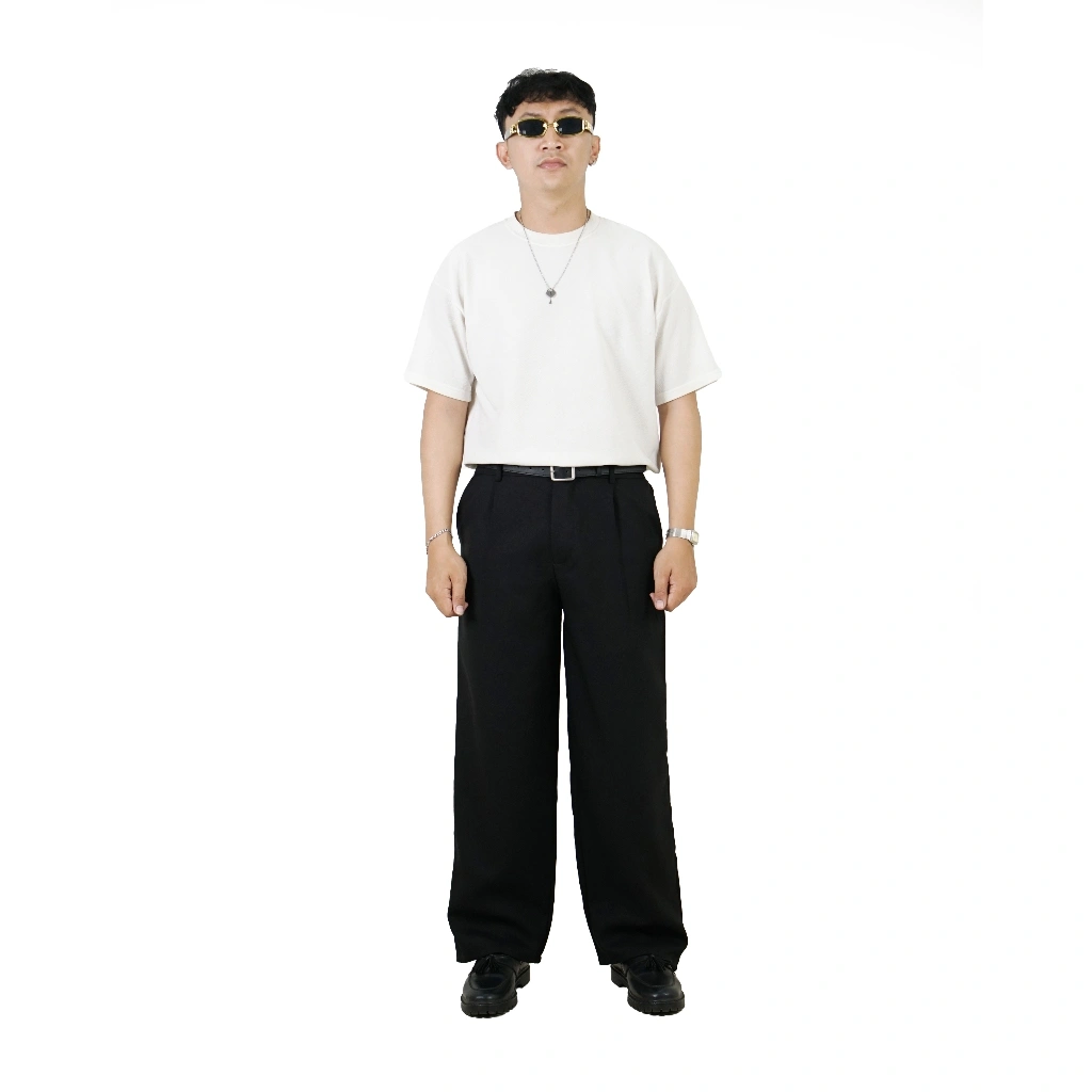 JINSYOU - Celana Trouser Wide Pants Pria Hitam Cream Coffe Loose Relaxed Pinggang Karet