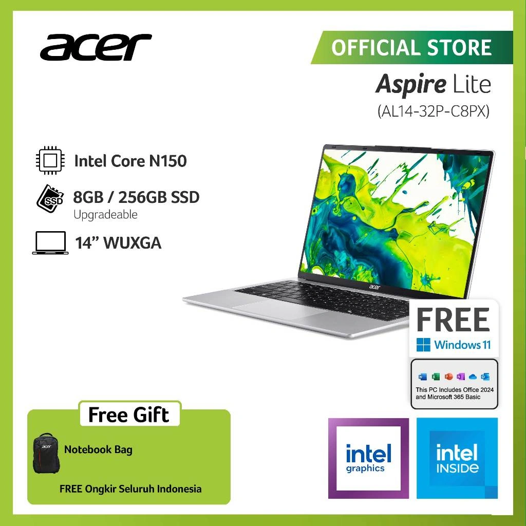 ACER LAPTOP ASPIRE LITE AL14-32P-C8PX/AL14-32P-C6CC 14" WUXGA INTEL N150 RAM 8GB STORAGE 256GB SSD INTEL GRAPHICS WINDOWS 11