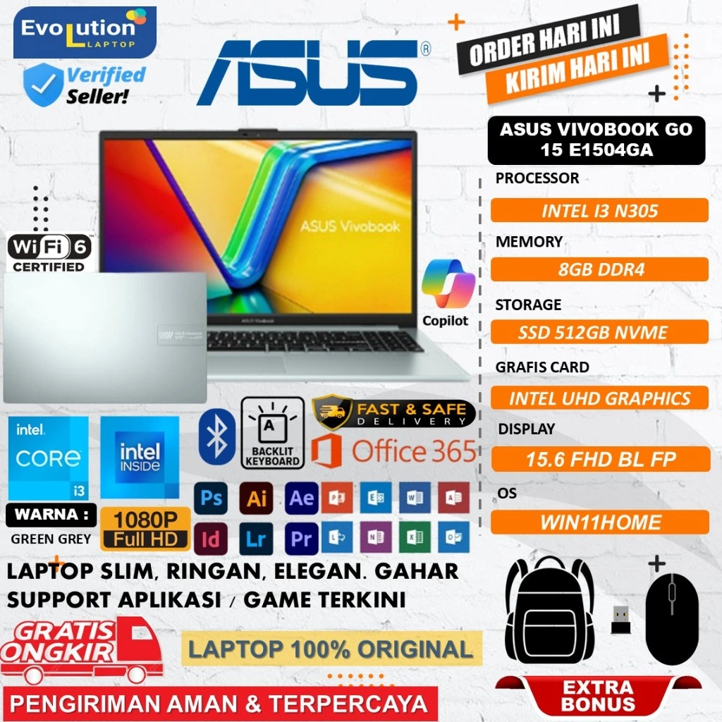 Laptop Asus Vivobook GO 15 E1504GA Intel I3 N305 Ram 8GB 512GB SSD 15.6 FHD Windows 11 Home Original