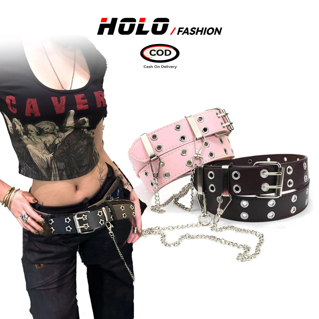 HOLO Ikat Pinggang Rantai Wanita Fashion Sabuk Y2K Punk Gesper Wanita Kulit Belt Jeans Aksesoris