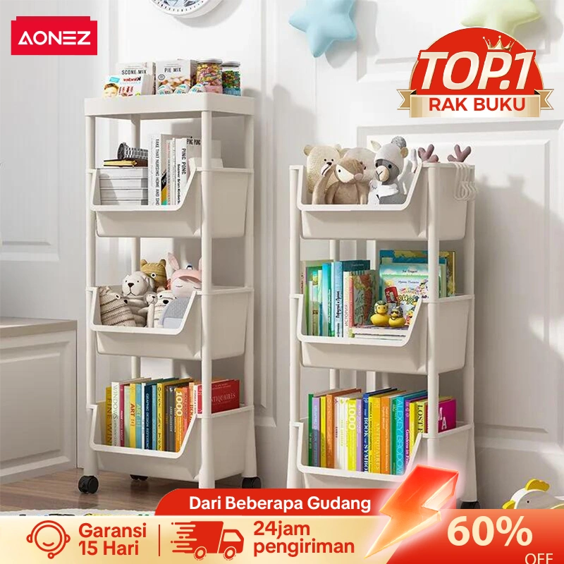 AONEZ Susun Serbaguna Tempat Rak Buku Anak Lemari Buku Plastik Rak Portable Roda Rak Mainan Rak Roda Toy Storage Rak Susun Tempat