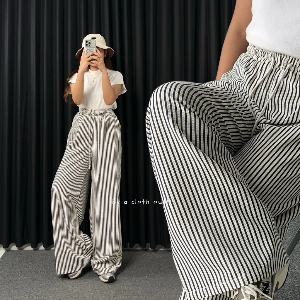 BYACLOTH - Everyday Pants - Stripe Pants - Celana Panjang Wanita Baggy Kantor Kuliah Motif Garis Kulot Pinstripe