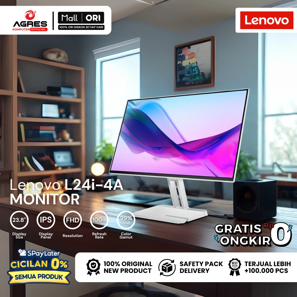 LENOVO MONITOR 24 INCH L24I-4A IPS FHD 1080P 1MS 100HZ SPEAKER CLOUD GREY 3Y