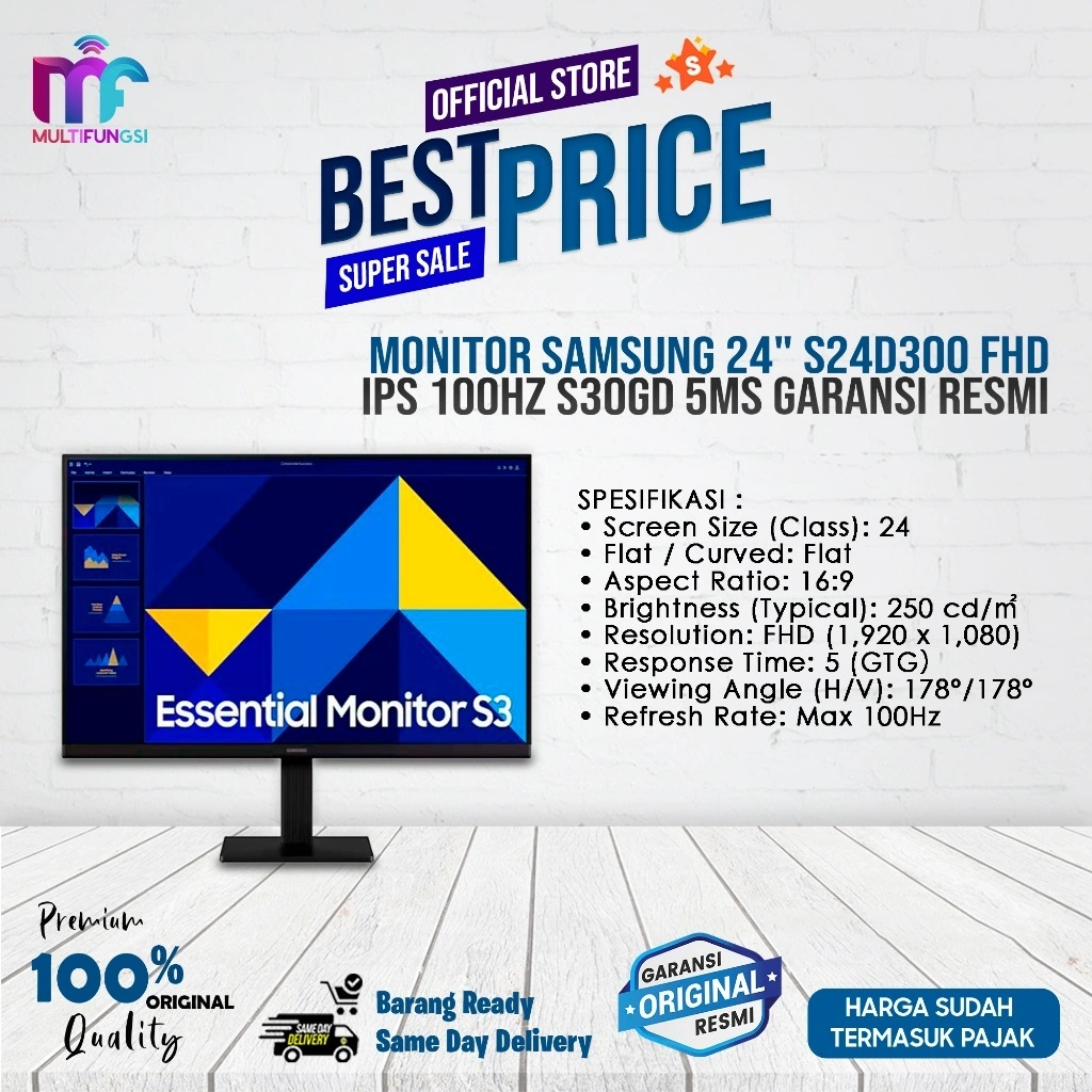 Monitor Samsung 24" S24D300 FHD IPS 100Hz (Pengganti S24C330) Garansi Resmi