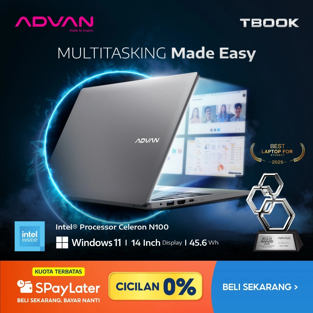 [SPL CICILAN 0%] ADVAN Laptop TBook Celeron N100 Intel N100 4Gb/128GB 14" HD Free Windows 11 - Garansi Resmi 1 Tahun