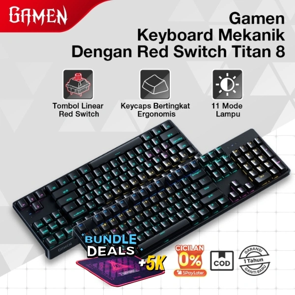 GAMEN Titan 8 Keyboard Gaming Mechanical Ergonomic Keycaps RGB 3 Pin Hot-Swappable Linear Red Switch 87/104 Keys Original - Garansi 1 Tahun