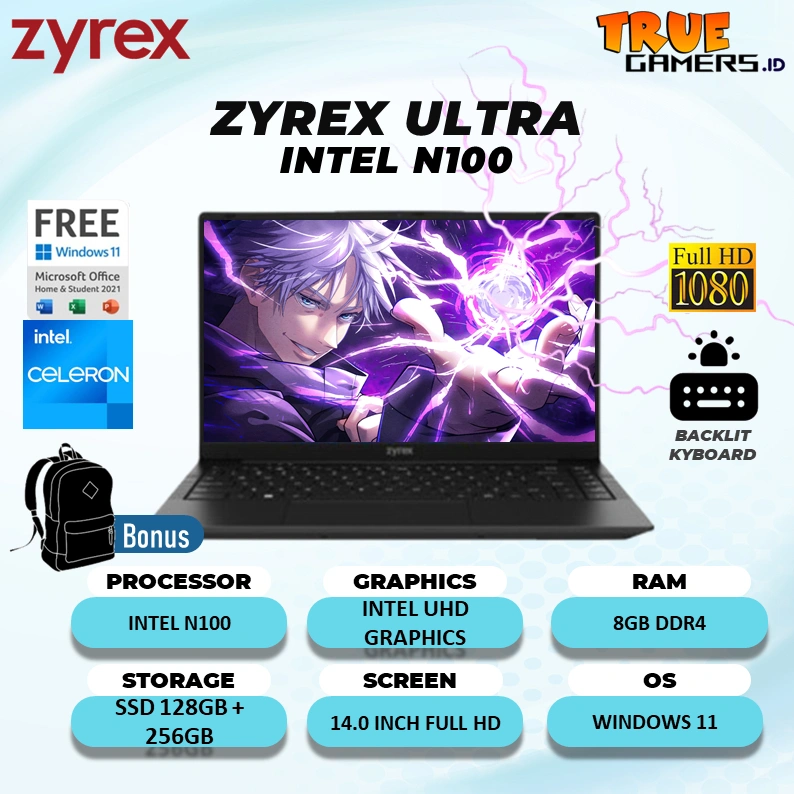 Laptop Pelajar Zyrex Ultra Intel N100 Ram 8GB SSD 256 GB + 128 GB Win 11 14 inch Full HD Backlit