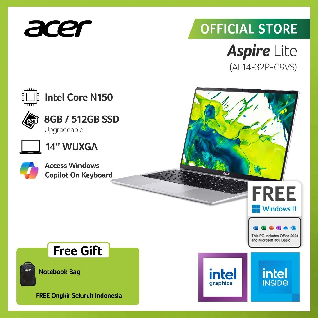 ACER LAPTOP ASPIRE LITE AL14-32P-C9VS/AL14-32P-C1ES/AL14-32P-C3HJ 14" WUXGA INTEL N150 RAM 8GB STORAGE 512GB SSD INTEL GRAPHICS WINDOWS 11