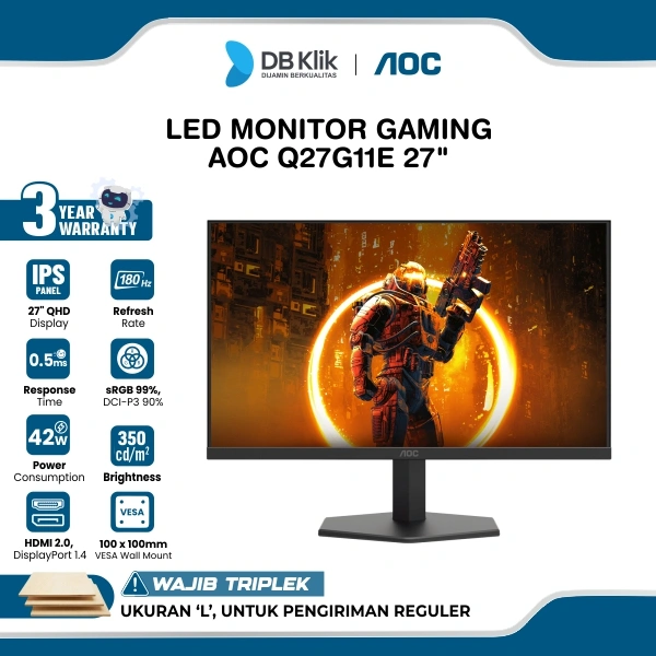 AOC LED Monitor Gaming Q27G11E 27" IPS QHD 180Hz 0.5ms Adaptive Sync HDR10 HDMI DP