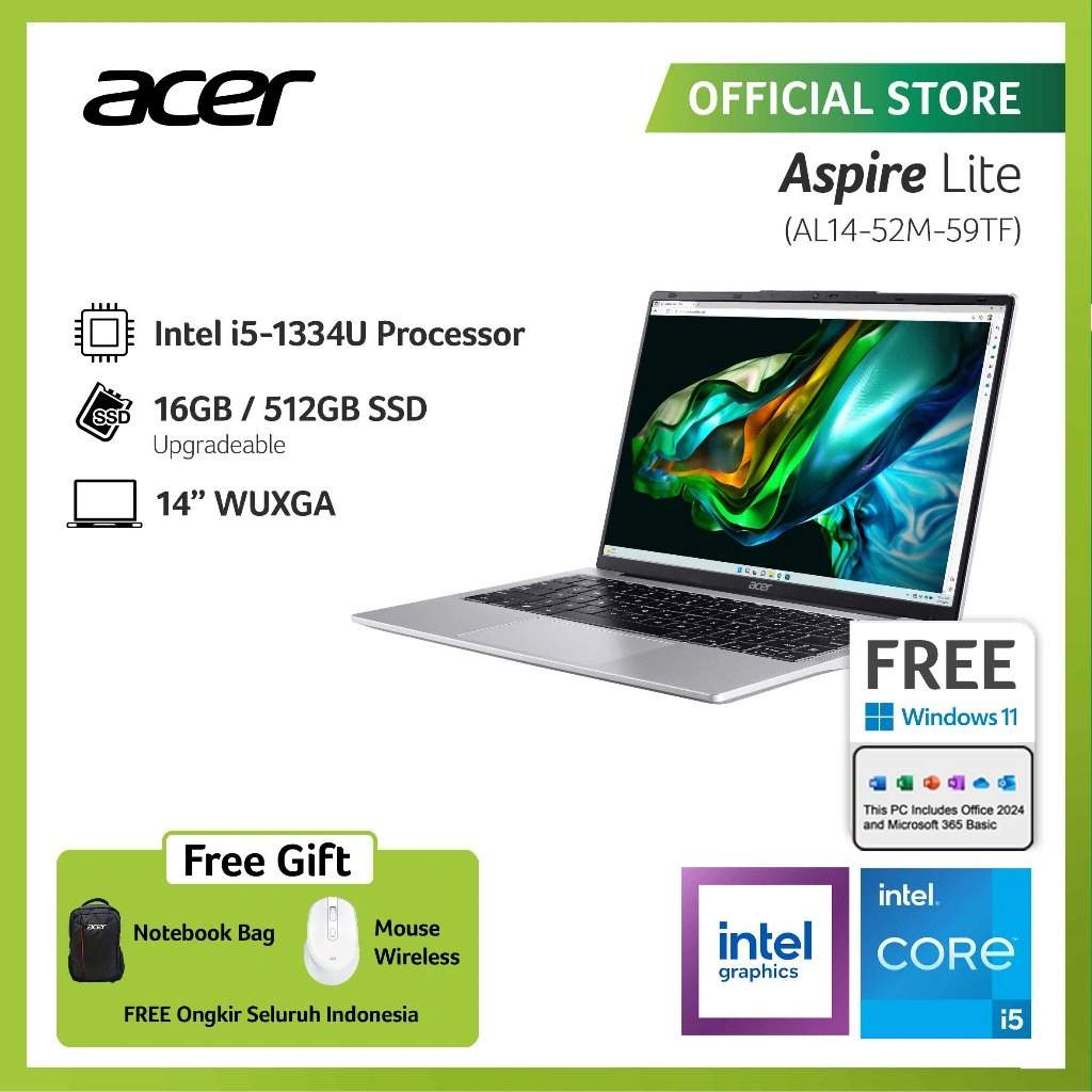 (FREE WIRELESS MOUSE) ACER LAPTOP ASPIRE LITE AL14-52M-59TF 14" WUXGA IPS INTEL CORE I5-1334U RAM 16GB STORAGE 512GB SSD INTEL UHD GRAPHICS WINDOWS 11
