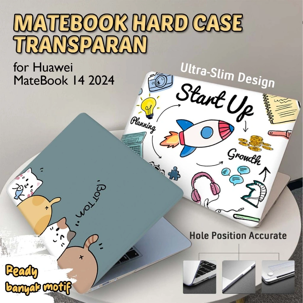 Case Huawei MateBook 14 2024 Casing Motif Cute Abstrak Dino Cat Start Up Hard Shell Cover Skin Transparan Protector Pelindung Body Atas Bawah Crystal Bening Glossy Matte Hardcase