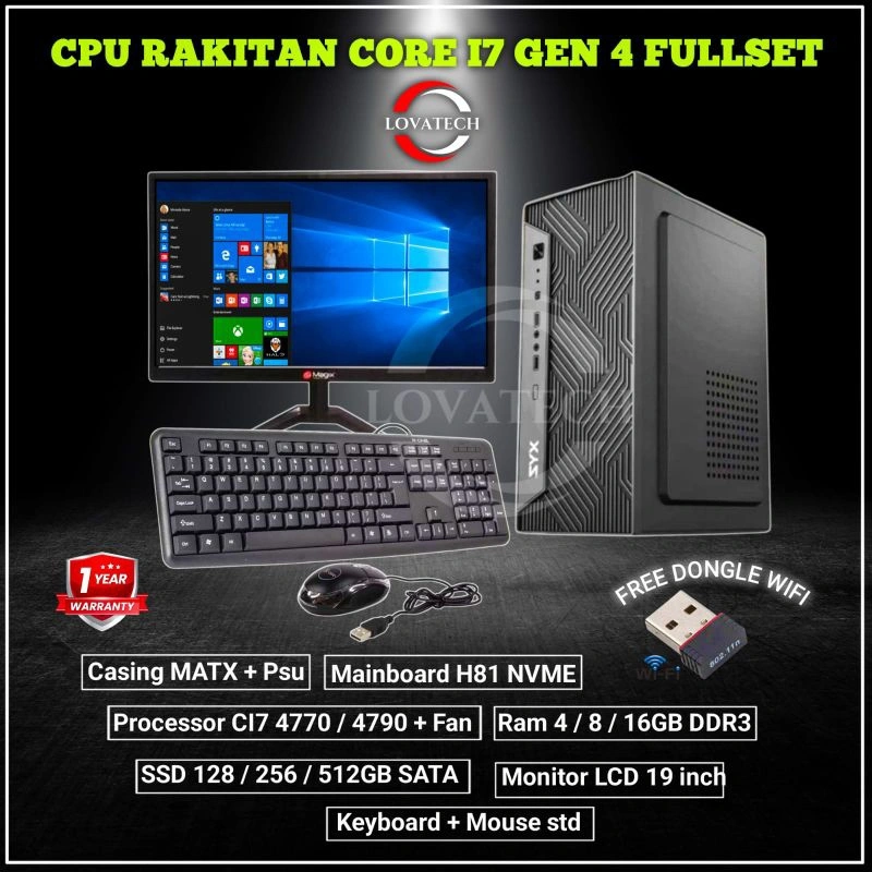 PC KOMPUTER FULLSET CORE I7 HARGA MURAH/ PC RAKITAN CI7 4790 RAM 16 GB SSD 512GB + MONITOR 19 INCH BARU