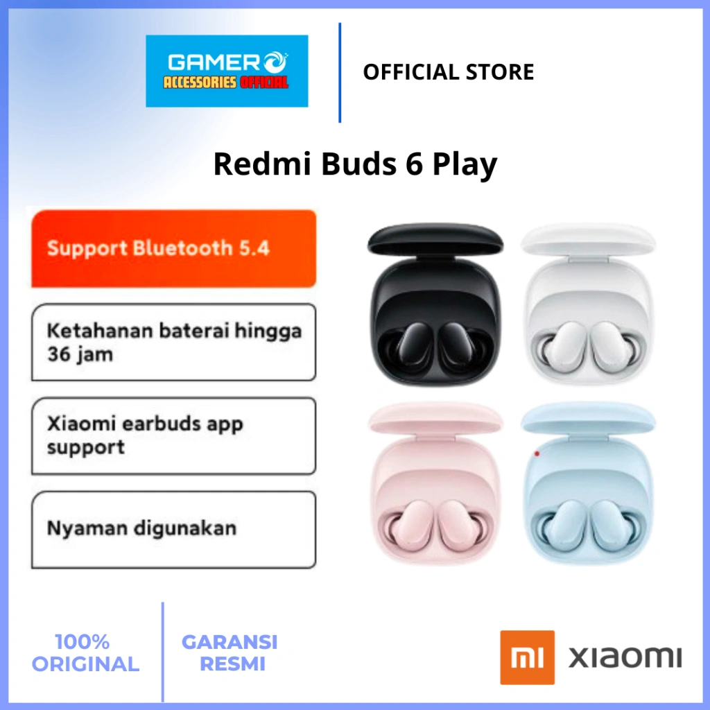 Xiaomi TWS Redmi Buds 6 Play | Bluetooth 5.4 | Baterai Hingga 36 Jam | Xiaomi Earbuds App Support