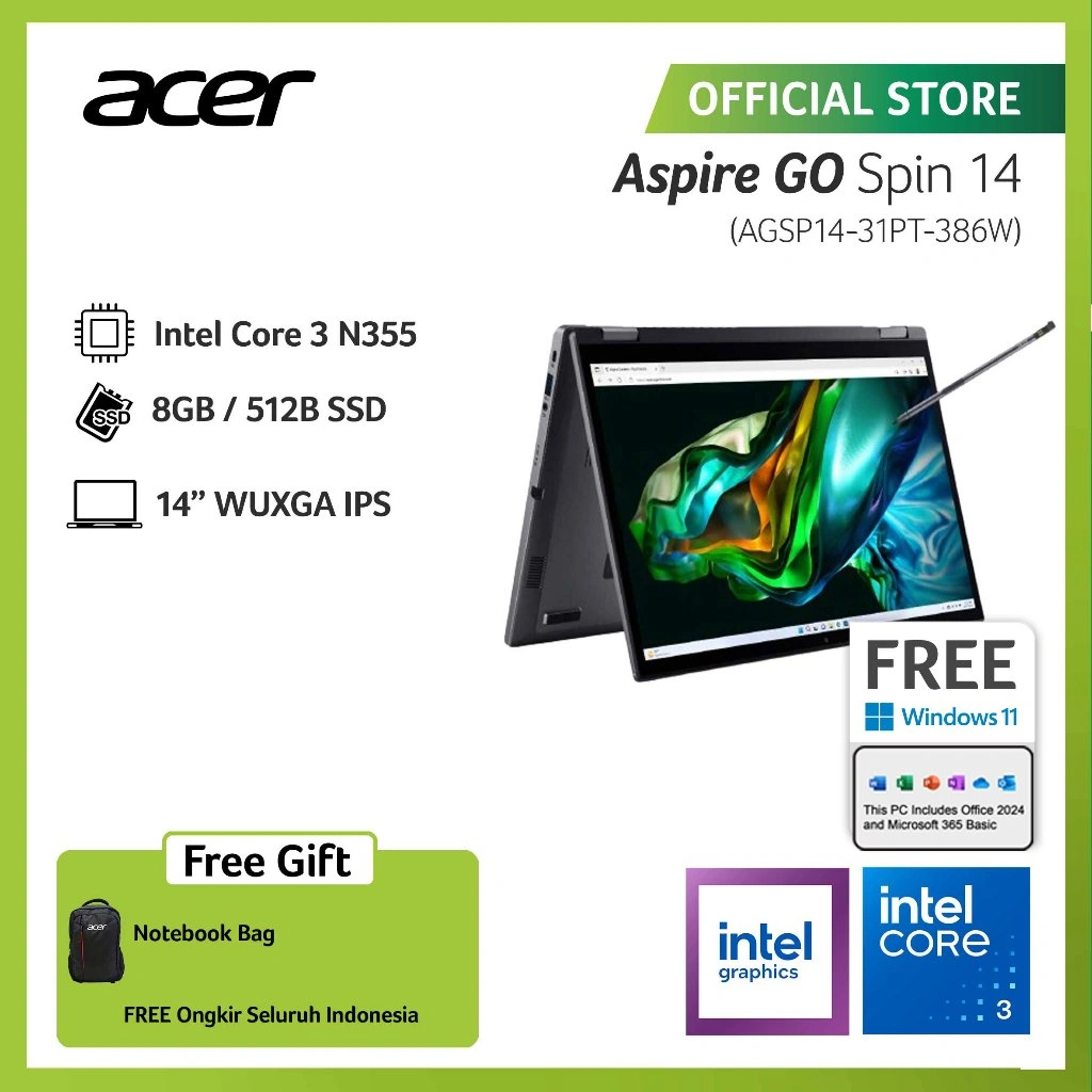 (FREE STYLUS PEN) ACER LAPTOP 2 IN 1 ASPIRE GO SPIN 14 AGSP14-31PT-386W 14" WUXGA INTEL CORE 3 N355 RAM 8GB STORAGE 512GB SSD GRAPHICS INTEL UHD WINDOWS 11