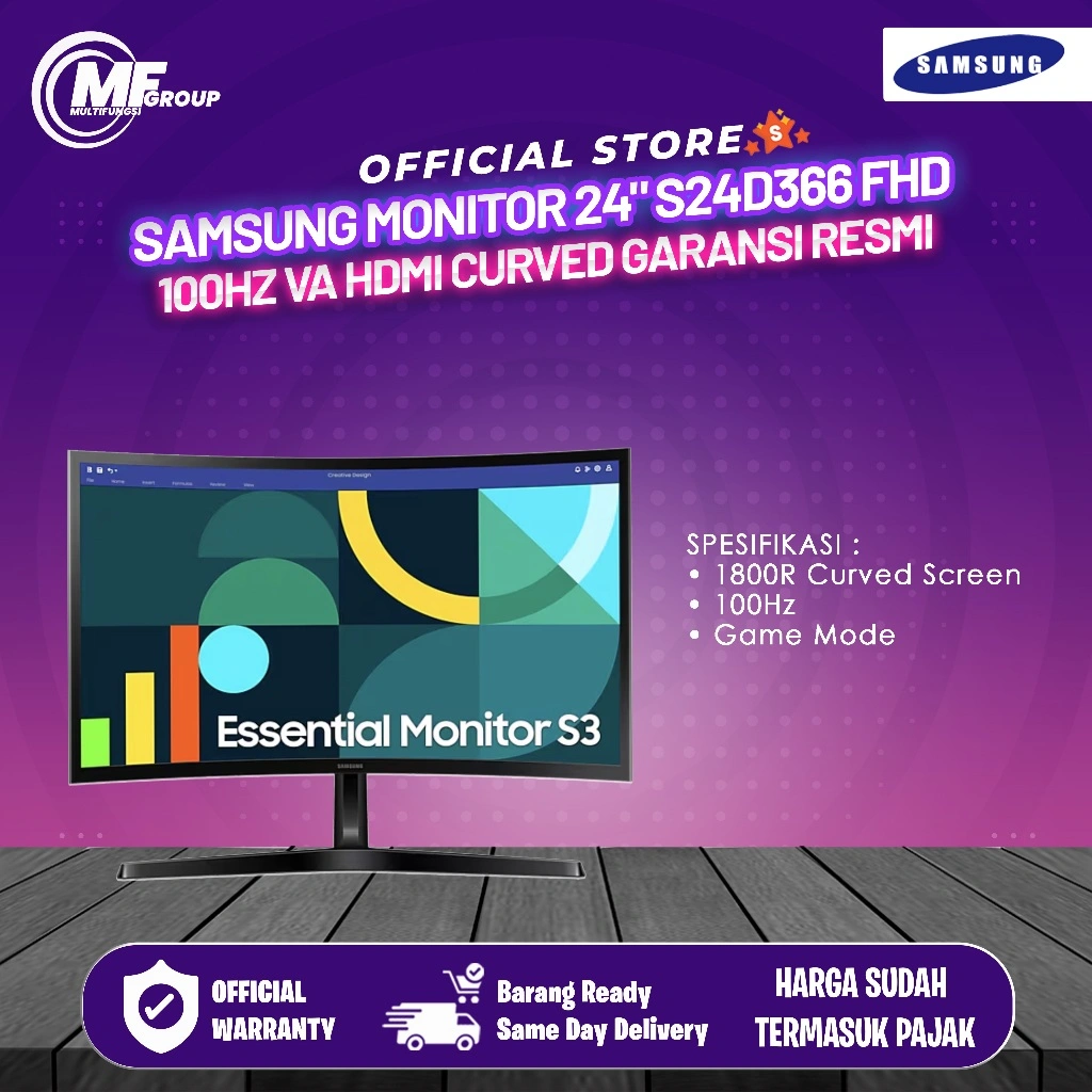 Samsung Monitor 24" S24D366 FHD 100Hz VA HDMI Curved Garansi Resmi