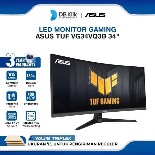 ASUS TUF LED Monitor Gaming VG34VQ3B 34" VA WQHD Curved 1500R 180Hz 1ms AMD FreeSync Premium HDR400 Built in Speaker HDMI DP