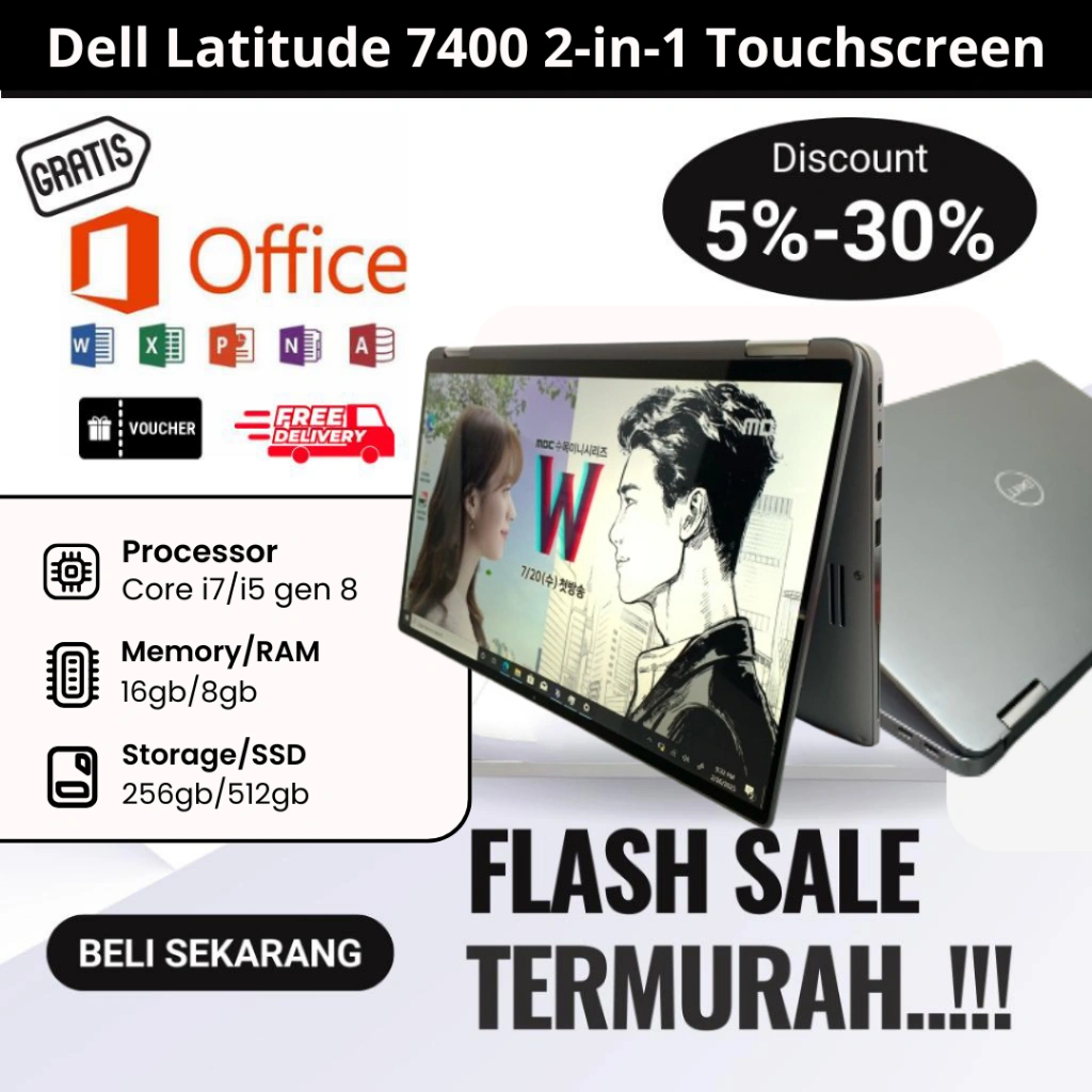 Laptop Dell Latitude (14inch) 7400 2in1 core i7 RAM 16gb SSD 256gb || Touchscreen + Backlight