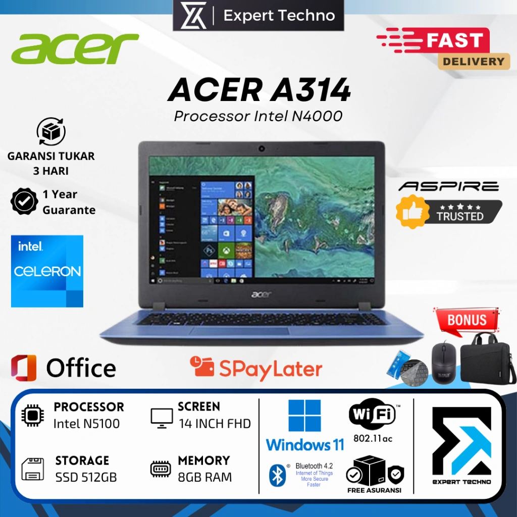 ACER A314 INTEL N4000 / 8GB RAM / 512GB SSD / 14" / WIN 10 / GRATIS ONGKIR / ACER A314-32 4GB 1TB