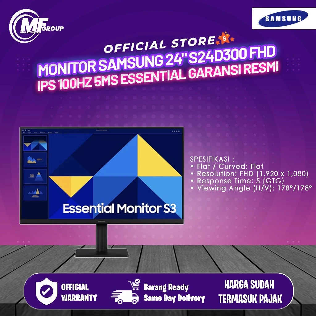 Monitor Samsung 24" S24D300 FHD IPS 100Hz 5ms Essential Garansi Resmi