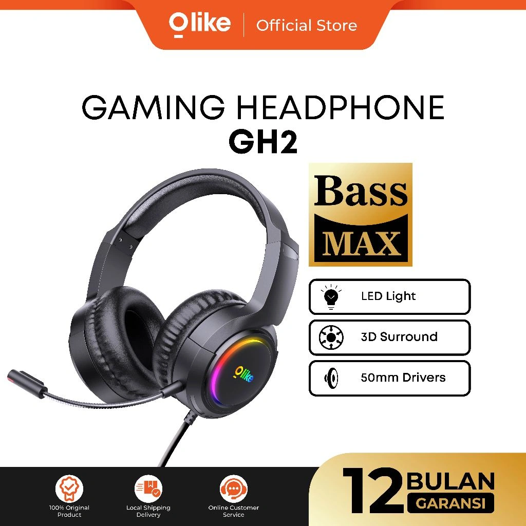 OLIKE Headphone Gaming GH2 + LED | 360 Omnidirectional Microphone | 50mm Drivers Stereo Bass | 3D Surround Precise Positioning