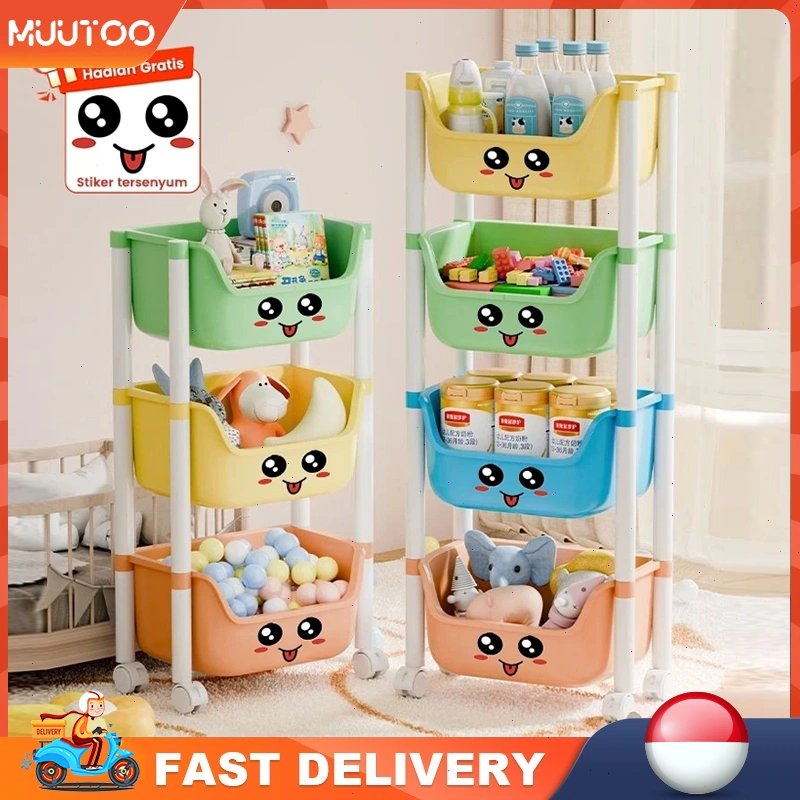 MUUTOO Rak Susun Penyimpanan Terbuka/Rak penyimpanan mainan/Serbaguna Rak Trolley Susun Dengan Roda/Rak Buku Plastik